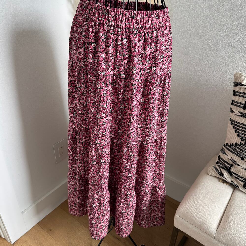 Vero Moda Pink Ditsy Floral Smocked Tiered Maxi Skirt Boho Cottagecore